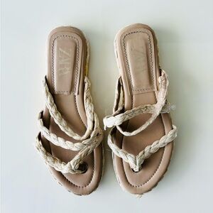 ZARA Sandals Beige Abierto Flat Braided Slip On Women EU 41/US 10 Boho Beach
